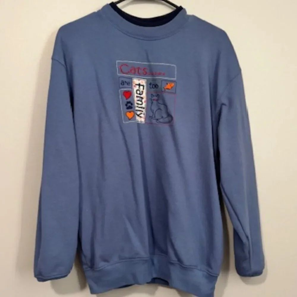 USED Woman's M&C Sportswear Long Sleeve Cats Sweatshirt Color Blue Size Medium